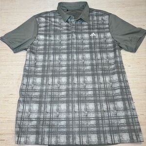 Adidas Men’s Golf Polo Shirt Large Olive Green Gray Plaid Performance